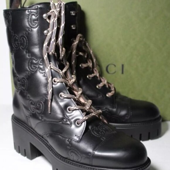 NWB Gucci GG Embossed Matelasse Cordovan Lux Lace Up Boots Booties 40.5 - Picture 1 of 8